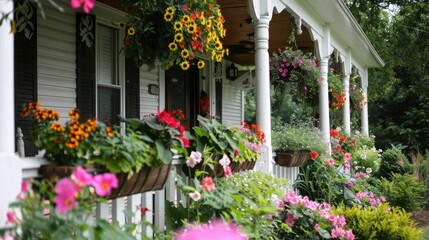 A charming bed and breakfast with a welcoming porch, flower boxes.