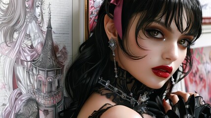 Fototapeta premium Editorial photography session focusing on eerie Gothic comic art, featuring closeups of the intricate and spooky drawings, with models in Gothic attire adding a theatrical element