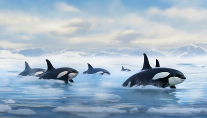 Fototapeta premium Groups of Orcas or killer whales swim and hunt for prey, the top of the food chain in a sea of ​​ice floes