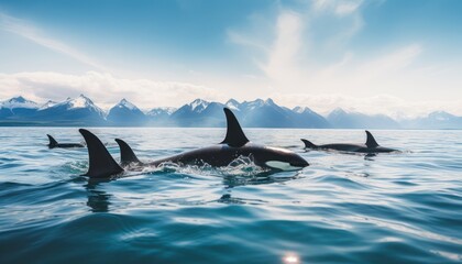 Naklejka premium Groups of Orcas or killer whales swim and hunt for prey, the top of the food chain in a sea of ​​ice floes