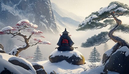 Beautiful Japanese landscape with a small silhouette of a samurai meditating on a round rock. Misty snowy mountains in wintertime. 
