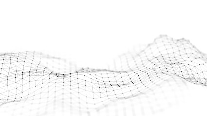 Digital dynamic wave of particles. Abstract white futuristic background. Big data visualization. 3D rendering.