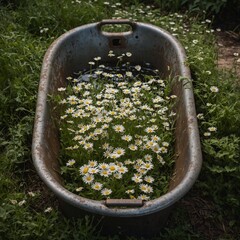 Dainty daisies floating in a rustic metal tub surrounded by lush greenery.Dainty daisies floating in a rustic metal tub surrounded by lush greenery.

