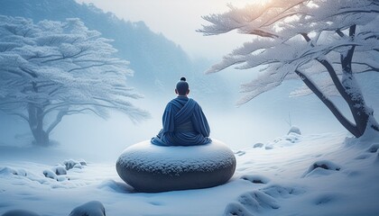 Beautiful Japanese winter landscape with a small silhouette meditating on a round rock. Misty snowy mountains, bonsai trees covered with snow. 