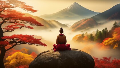 Beautiful rainy Japanese landscape in warm sunset autumnal colours, with a small person silhouette meditating on a round rock. Misty mountains, golden foliage on bonsai trees.
