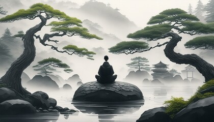 Beautiful rainy Japanese landscape in cold pale colours, with a small person silhouette meditating on a round rock. Misty mountains, green bonsai trees.