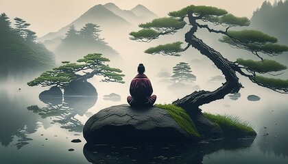 Beautiful rainy Japanese landscape in cold pale colours, with a small person silhouette meditating on a round rock. Misty mountains, green bonsai trees.