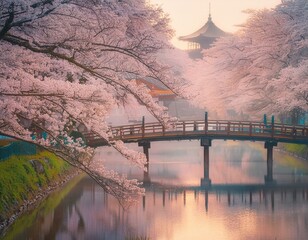 Beautiful landscape in Japan with a cherry trees blossom, a traditional wooden bridge on the river and temple in background, on a rainy, foggy day. 