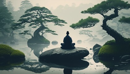 Beautiful rainy Japanese landscape in cold pale colours, with a small person silhouette meditating on a round rock. Misty mountains, green bonsai trees.
