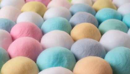 Colourful balls made of felt as background. 
Pale pastel colours. 