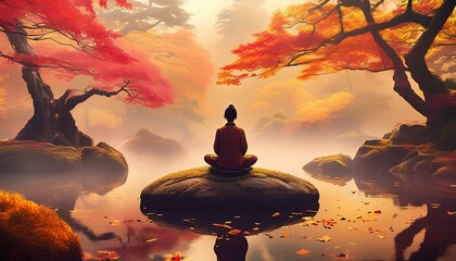 Beautiful rainy Japanese landscape in warm sunset autumnal colours, with a small person silhouette meditating on a round rock. Misty mountains, golden foliage on bonsai trees.