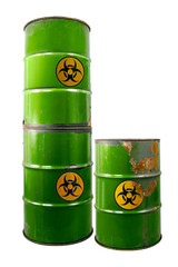 Barrel with toxic waste. Biohazard warning sign. Rusty dangerous barrel with pathogens, or other toxins on isolated background