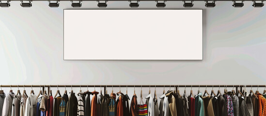 A blank billboard placed above the racks of clothing in a stylish boutique, its neutral background providing an ideal setting for advertisers to convey their messages in stunning 32k resolution.