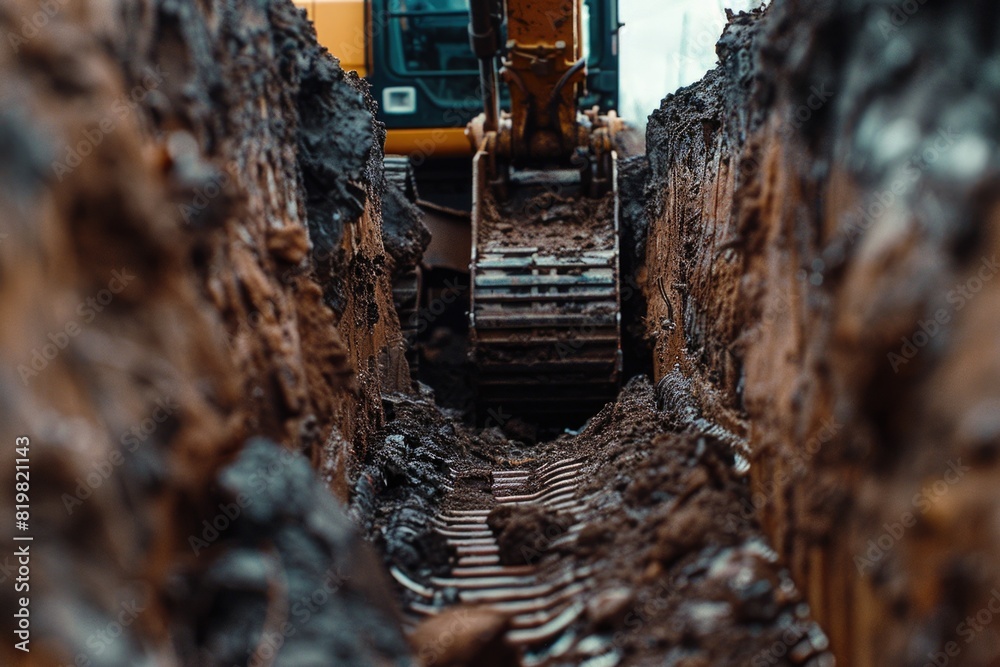 Poster A bulldozer in action, digging through a trench. Suitable for construction and industrial concepts