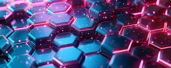 Vibrant neon hexagons forming a dynamic and abstract technology background