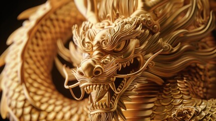 Detailed shot of a golden dragon statue, perfect for oriental-themed designs