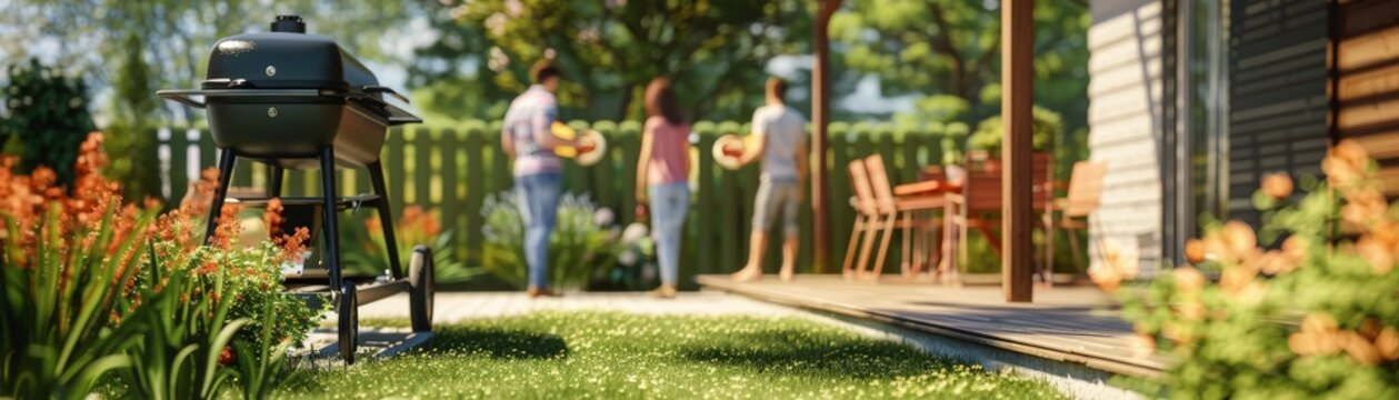 A family is gathered outside in a backyard, with a grill,having a barbecue , barbecue grill, summer activities.
