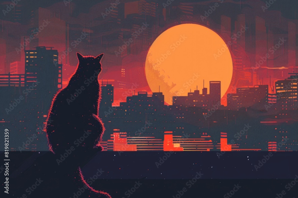 Poster a cat sitting on a ledge in front of a full moon. suitable for various night-themed designs