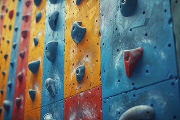 A detailed view of a colorful, textured climbing wall with various grip holds