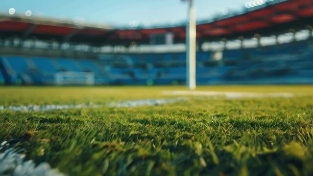 A soccer field with a green grassy field and a white line. The field is empty and the sky is blue