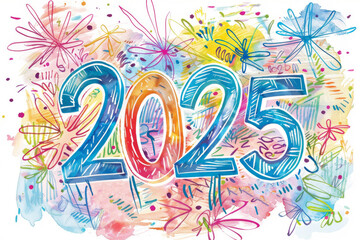 2025 drawing numbers, new year sketch greeting card, doodle celebrate banner, freehand eve poster
