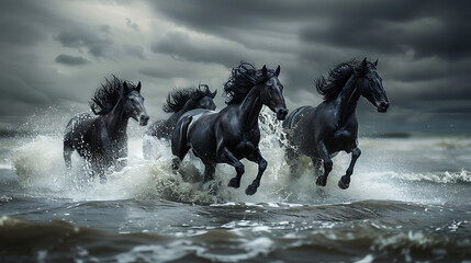 black horses on the beach