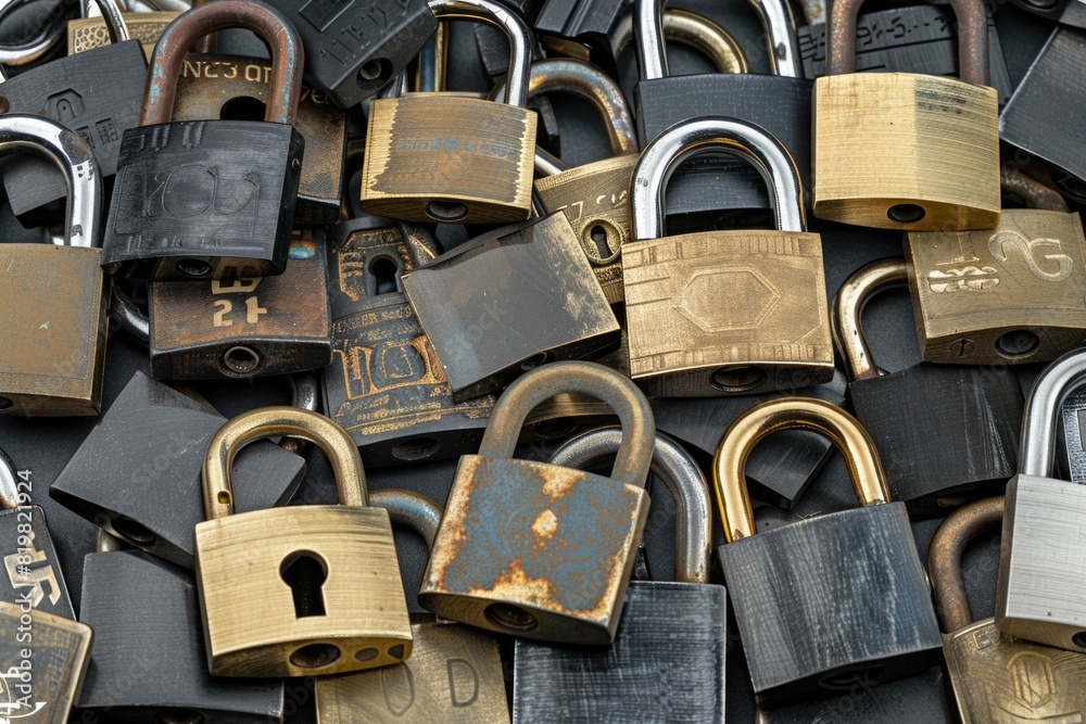 Poster a bunch of padlocks stacked together. suitable for security concepts