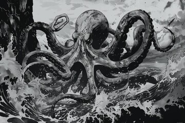 A black and white image of an octopus underwater. Suitable for marine life concepts