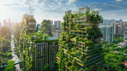 Sustainable Urban Jungle: Modern Cityscape with Green Buildings and Renewable Energy