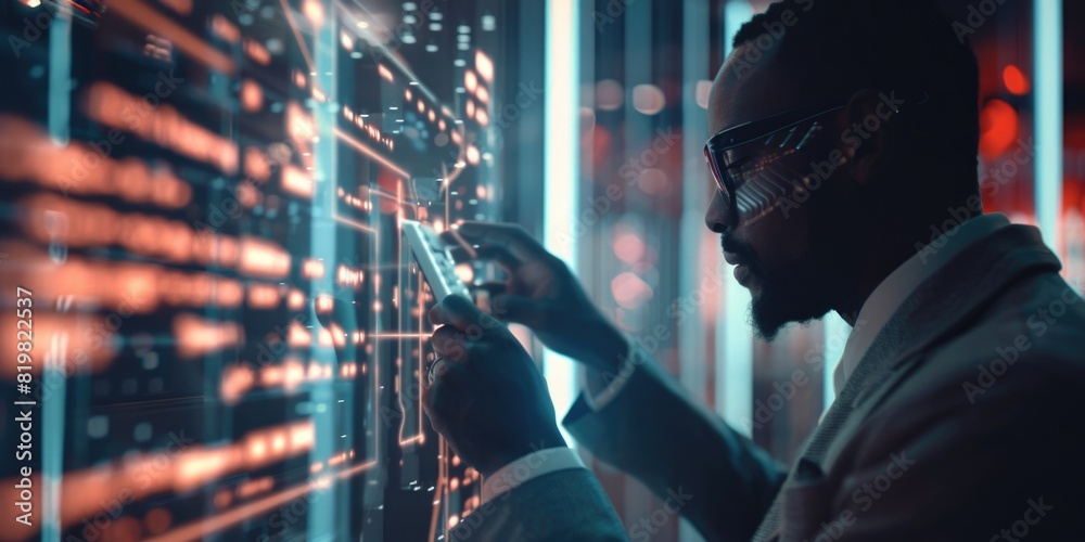 Aufkleber A man in a suit and glasses looking at a computer screen. Suitable for business and technology concepts