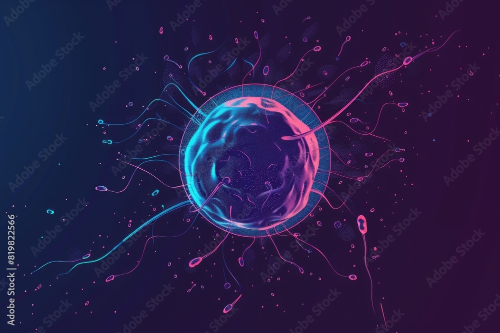 Poster Abstract blue and pink cell surrounded by lines and dots, suitable for science and technology concepts