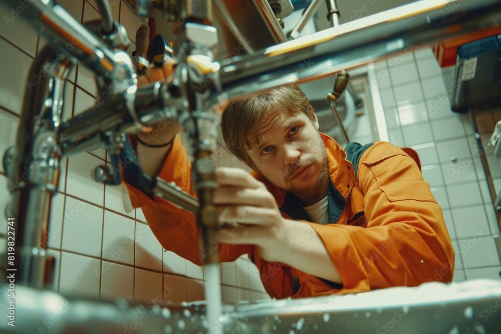 Poster a man is seen fixing a sink in a bathroom. ideal for plumbing and diy projects