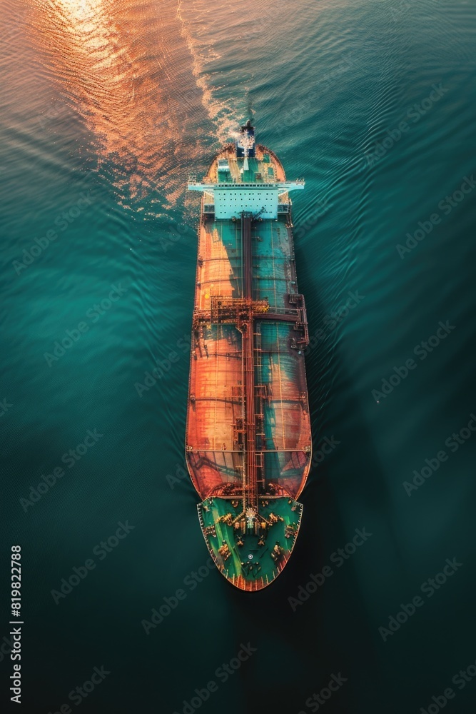 Poster a large cargo ship navigating through the ocean. ideal for transportation and travel concepts