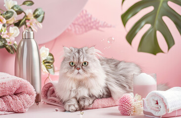 Create a luxurious setting with a well-groomed persian cat surrounded by spa-like elements (e.g., towels, bubbles) to convey a pampered and relaxing grooming experience, light pastel color background