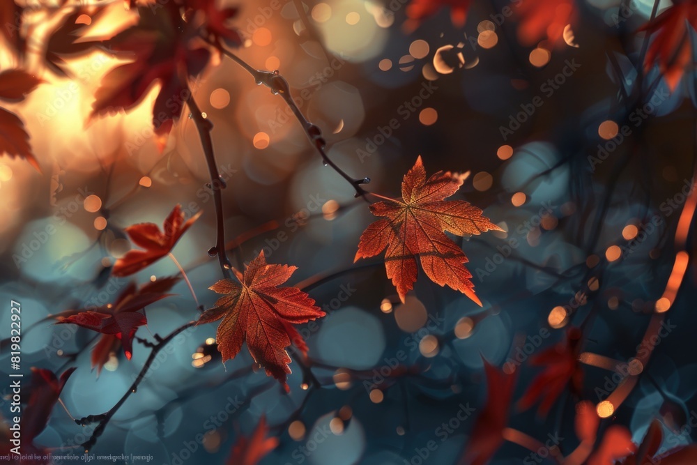 Poster detailed close up of a leaf on a tree branch, suitable for nature themes