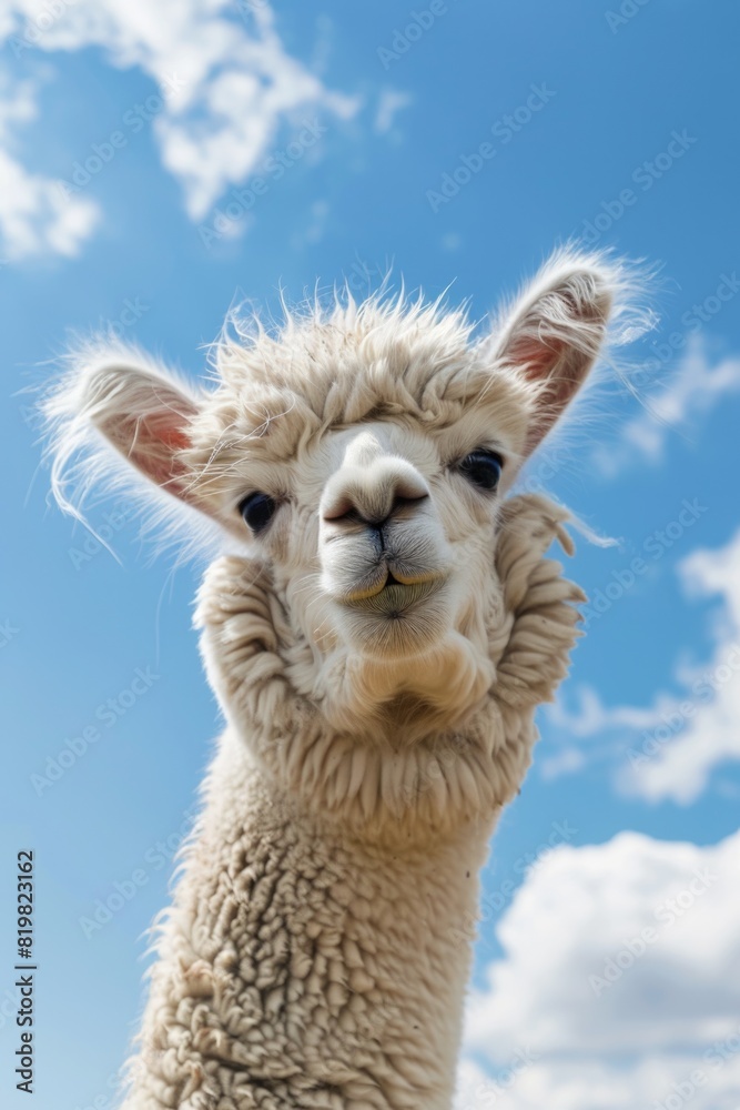 Poster close up of a llama with cloudy sky background. suitable for nature and animal themes