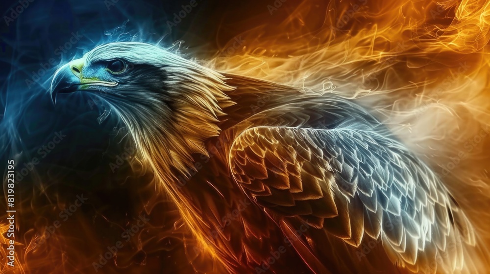 Poster a large bird of prey engulfed in flames. ideal for dramatic or powerful concepts