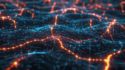 A complex network of glowing lines and nodes, representing a futuristic digital infrastructure.