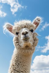 Obraz premium Close up of a llama with cloudy sky background. Suitable for nature and animal themes
