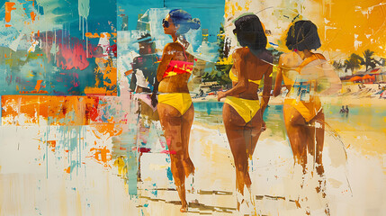 Girls in a bikini on the beach, half-photo, half-painted, abstract, artistic