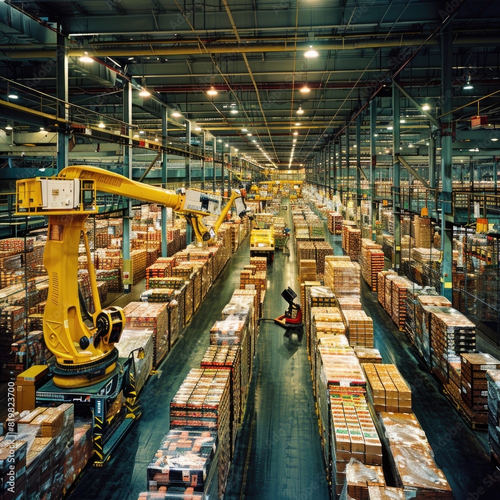 Poster a large warehouse filled with boxes. suitable for business and storage concepts