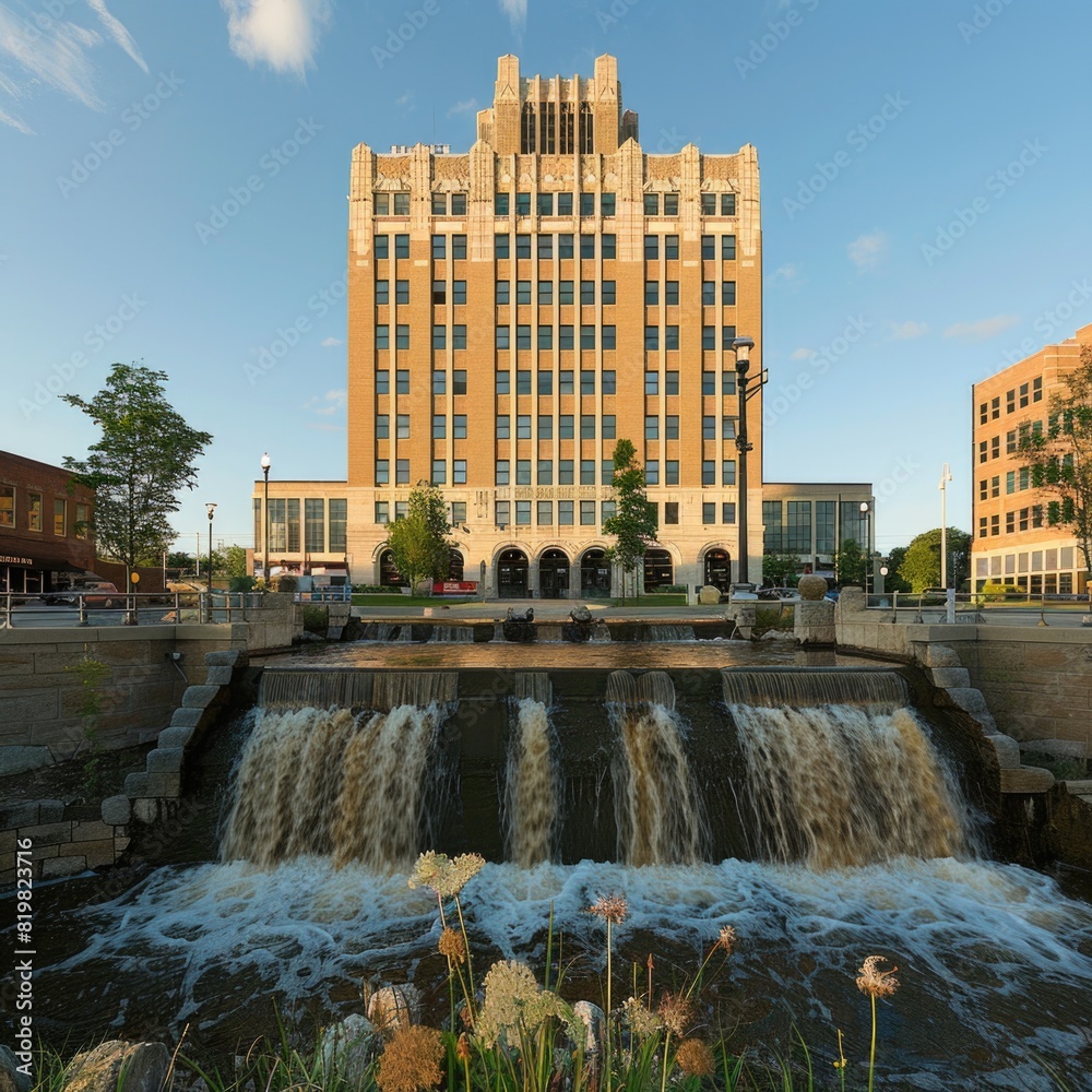 Poster A large building with a waterfall in front of it. Suitable for architectural and environmental themes