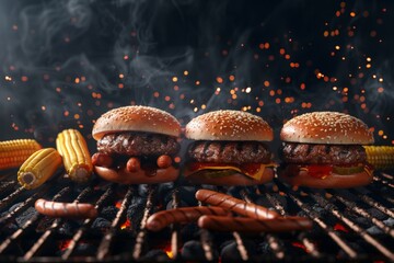 Three hamburgers are on a grill with a side of hot dogs and corn,having a barbecue , barbecue grill, summer activities.