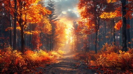 Enchanted Entrance of an Ancient Forest: Vibrant Autumn Foliage and Mystical Ambiance in Digital Painting