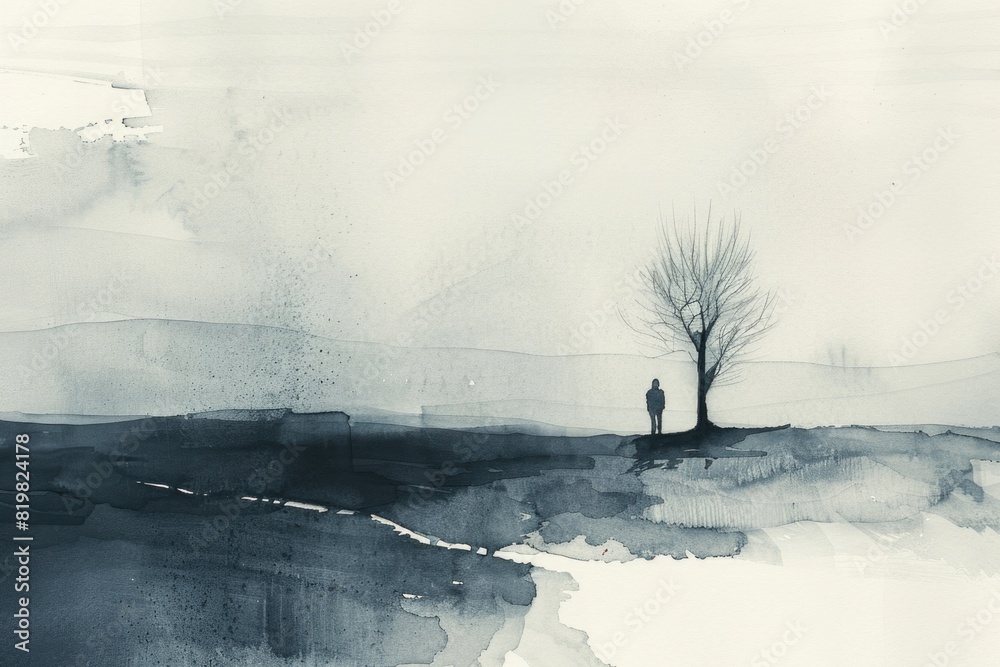 Poster A person standing in the middle of a field, suitable for various concepts and designs