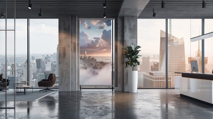 Fototapeta premium A contemporary office space with a panoramic city view. Perfect for business concepts