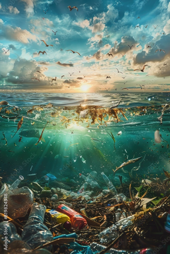 Aufkleber trash floating in the ocean, suitable for environmental concepts