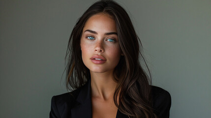 Obraz premium Beautiful brunette woman with a chic hairstyle, posing elegantly against a neutral background
