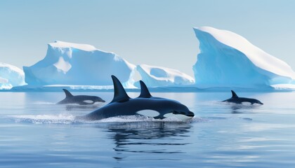 Fototapeta premium Groups of Orcas or killer whales swim and hunt for prey, the top of the food chain in a sea of ​​ice floes