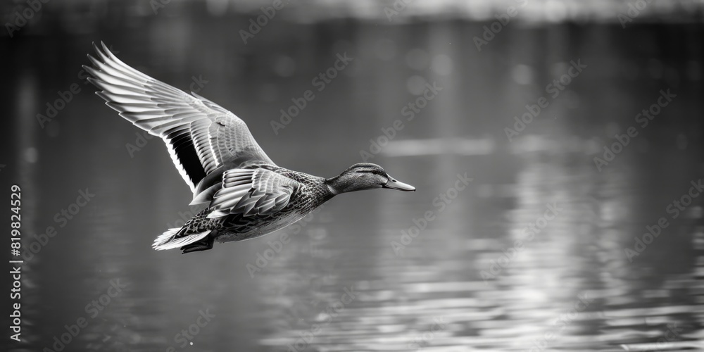 Poster A striking black and white image of a duck in flight. Perfect for nature or wildlife themes.